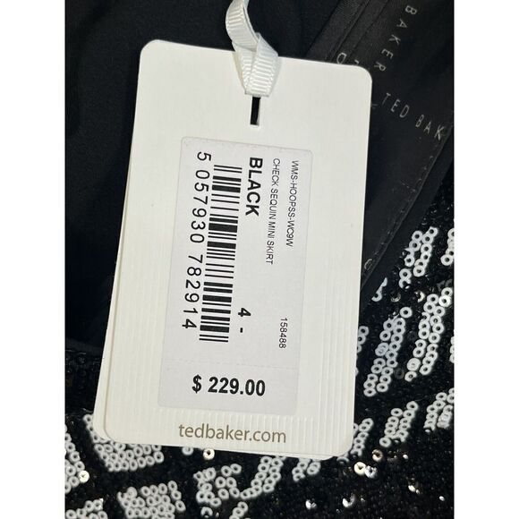 Ted Baker 4 Black White Hoopss Checkered Sequin Mini Skirt Size 12 US Windowpane - Picture 13 of 16